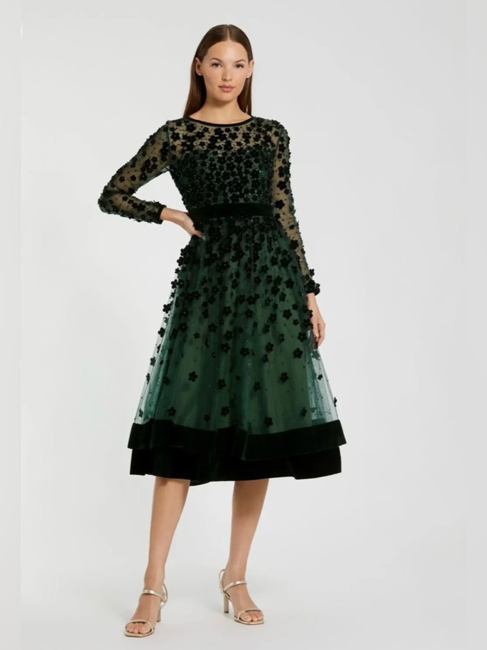 Mac Duggal Dark Green Velvet Embellished Illusion Midi Dress